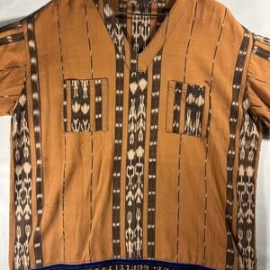 VTG Unique Boho indie aztec western fringe shirt Israelite 12 tribes border blue